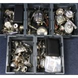 Five stacker boxes of mainly silver plated items, viewng recommended