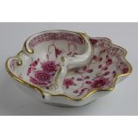 Meissen 'Indian Pink' leaf shaped dish with central handle, makers marks to base with impressed