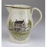 Late 18th century small decorated Creamware jug shows a depiction of a house on one side with the