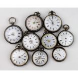 Nine Silver open face pocket watches, small - midsize.