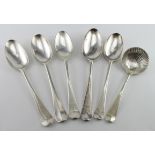Five silver 18th century Hanoverian table spoons, with a variety of marks (some quite rubbed) and an