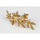 Yellow metal (stamped 15ct) leaf brooch with seed pearls, total weight 7.1g