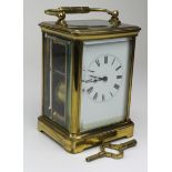 Victorian French brass five glass carriage clock, enamel dial with Roman numerals, movement