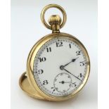 Gents gold plated open face pocket watch by Elgin. The white dial with black arabic numerals and