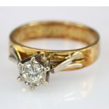 18ct yellow gold solitaire diamond ring in high set mount, diamond weight approx. 0.15ct. Finger