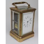 Brass five glass repeating carriage clock, circa late 19th to early 20th Century, white enamel