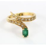 18ct gold ring with a single emerald ? and diamonds in the form of a serpent. size M. 4g