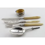 Mixed lot of silver/part silver items including Mother of Pearl handled butterknife, two ivory
