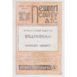Football programme, Newport County v Gillingham, LC, 5 Sept 1962, front printed with incorrect