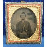 Photograph, framed American Civil War Ambrotype image showing uniformed civil war soldier, no ID,