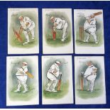 Postcards, Cricket, 'At the Wicket' (set, 6) artist-drawn comic cards by Lance Thackeray pub. by