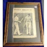 Cricket, framed and glazed front page of the Daily Sketch dated 12th August 1909, showing images