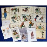 Postcards, a selection of 17 cards depicting black humour and 7 children's Golly and Peg Doll