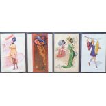 Postcards, artist-drawn Glamour by Xavier Sager, 4 cards from different series (one pu) (gen gd)