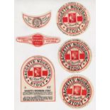 Beer labels, George Raggett, London, 4 different labels plus stopper and neck strap, (various