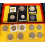 Coins, coin case containing 15 coins, 9 GB £5 coins, 2 GB Crowns, 1 Guernsey 2001 £5 coin, a