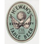 Beer label, McEwan's, Edinburgh, vo, Extra Quality Table Beer bottled by R Sim, Dundee, 97mm high (