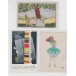 Postcards, 3 artist-drawn cards, Glamour illustrated Mela Koehler, advertising card 'Journees du