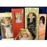 Dolls, a collection of 5 dolls all with porcelain heads, all foreign made, 4 in boxes, 1 loose, sold
