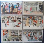 Postcards, 6 artist-drawn cards by Xavier Sager, all showing illustrations of bawdy Parisian