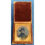 Photograph, American Civil War Ambrotype image showing uniformed civil war soldier, in boxed leather