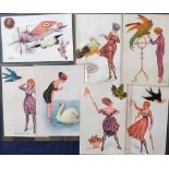 Postcards, artist-drawn Glamour / Novelty, a collection of 7 cards all with feathered bird