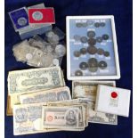 Coins and banknotes, a collection of mainly Japanese coins and banknotes inc. a small display case