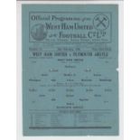 Football programme, West Ham v Plymouth Argyle, FLS, 16 Feb 1946 (folded, slight wear, gen gd)