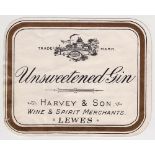 Spirit label, Harvey & Son, Lewes, Unsweetened Gin, horizontal rectangular, (gd) (1)