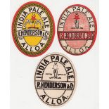 Beer labels, R Henderson & Co, Alloa, vo's, 3 different India Pale Ale labels (gd) (3)
