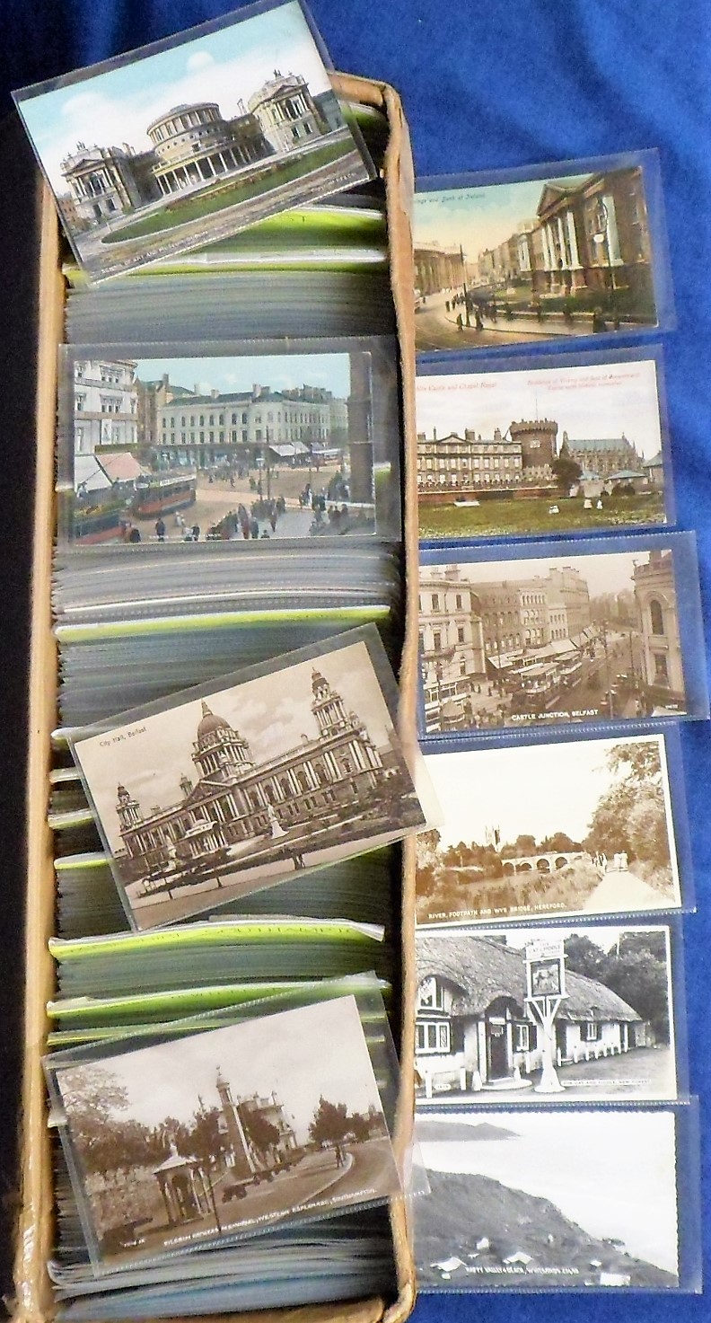 Postcards, a box of 900+ mixed age UK topographical cards arranged by County Inc. Hants, Hereford,