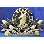 Breweriana, large vintage double sided black and 'gold' Whitbread PLC pub sign, approx 60cm x