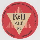 Beer label, Kinnell & Hartley Ltd, Emsworth, K & H Ale No 1, circular label, 75mm high (gd) (1)