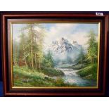 Painting, original oil painting by R Danford showing waterfall with background mountain scene,