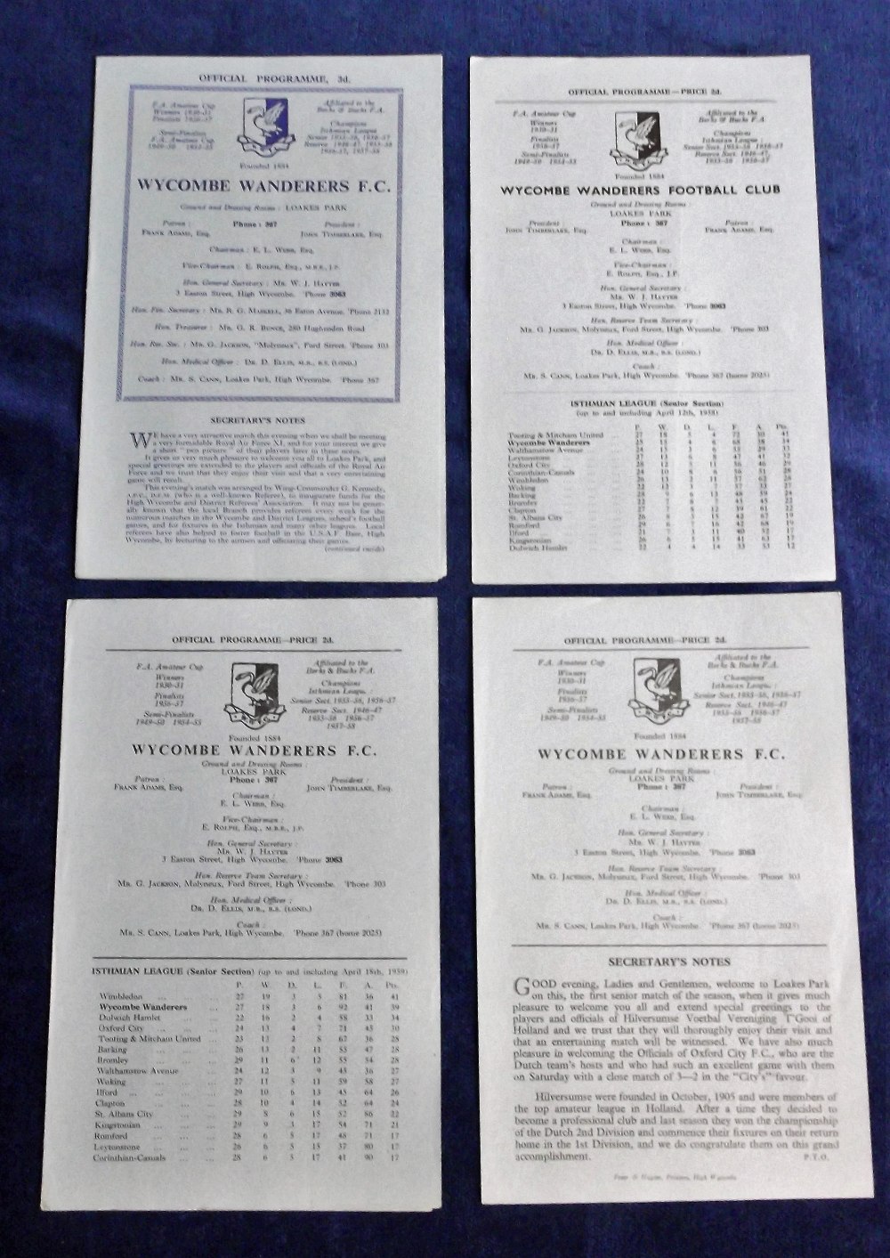 Football programmes, Wycombe Wanderers, four home friendly programmes v Charlton Athletic 27 April