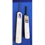 Cricket autographs, 2 mini bats bearing approx. 35 original signatures in total, obtained at Bob