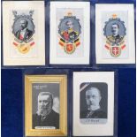 Postcards, Woven silks, a collection of 5 cards, F G Masuzk, King of Italy, Albert of Belgium,