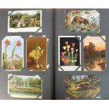 Postcards, Thematic assortment in large vintage album with artist-drawn views, UK and Foreign,