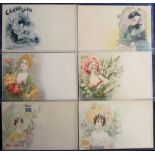 Postcards, a collection of 6 Art Nouveau glamour cards illustrated by Jack Abeille inc. 5 showing