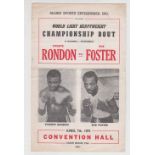 Boxing, scarce 4 page card programme from the Vicente Rondon v Bob Foster World Light Heavyweight