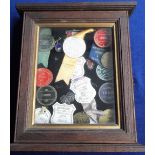 Collectables, small wooden display case with a collection of 1950s show judges badges together