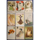 Postcards, a mixed Glamour collection of 9 cards inc. unsigned Art Nouveau, glamorous lady in advert