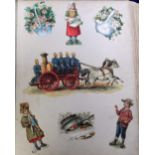 Collectables Victorian Scraps, Victorian album of pasted in scraps showing cricket, hockey, rugby,