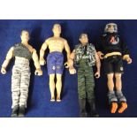 Toys, Action Man, 4 figures (all played worn) 2 with flock hair, some clothes (DPM combats in