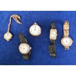 Watches, 5 antique watches. 9ct gold cased Victorian ladies pocket watch with decorative engraved