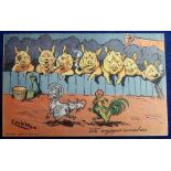 Postcard, Louis Wain 'We enjoyed ourselves' showing a row of pigs leaning over a fence watching a