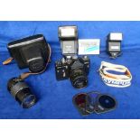 Camera, Zenit EM 35mm camera (s/n 81041656) with fitted leather case and a range of accessories inc.