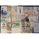 Postcards, a collection of 18 USA hand-drawn original Art cards inc. Comic, Children, Glamour,