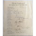 Cricket autographs, Australian Touring Test Team 1948, official printed sheet complete with 18