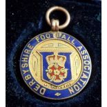 Football medal, Derbyshire FA gold & enamelled football medal 1938/9 in box (Vaughtons, Birmingham),